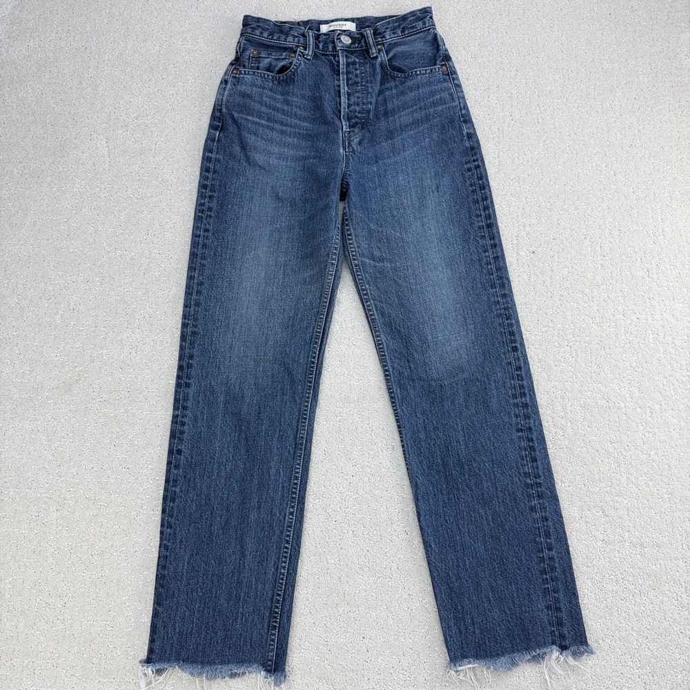 Moussy Vintage Straight Leg Jeans Womens 24 Blue High Rise Raw Hem Made in Japan